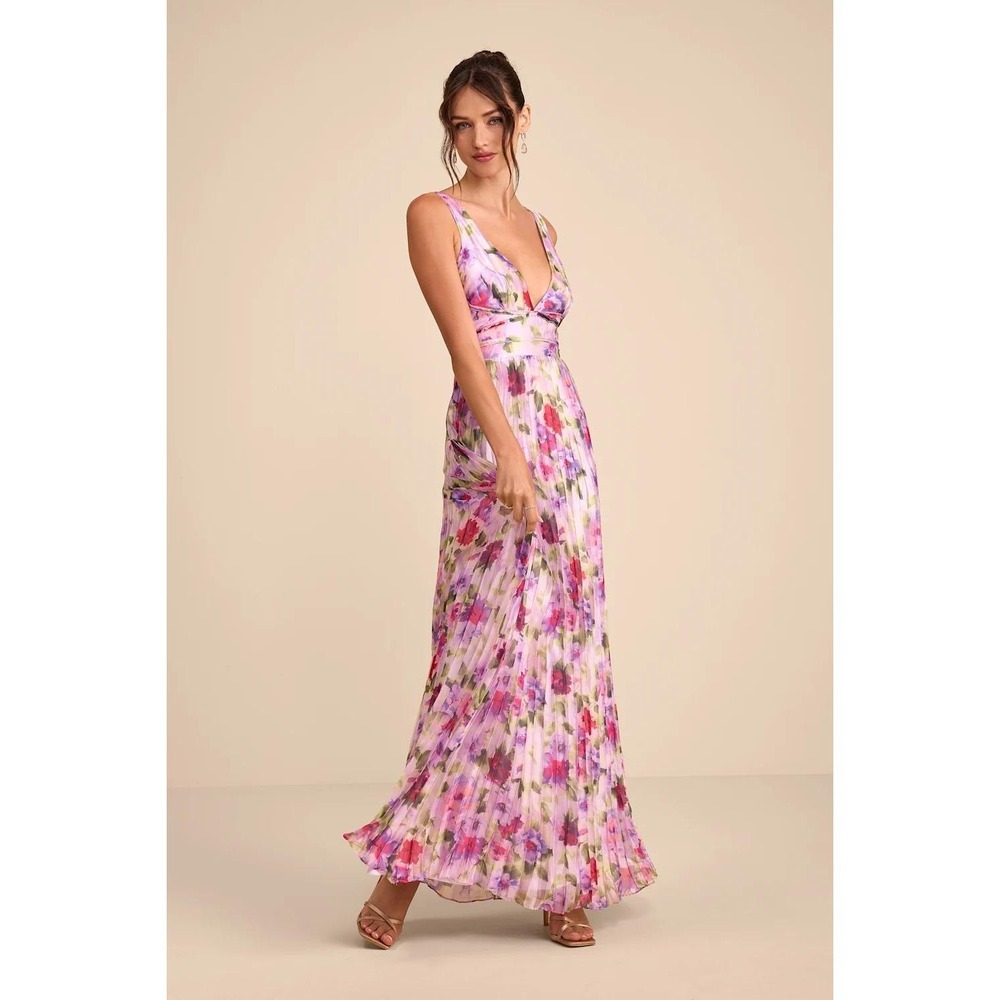 Lulus Morgana Pink Multi Floral Satin Pleated Maxi Dress Size Medium